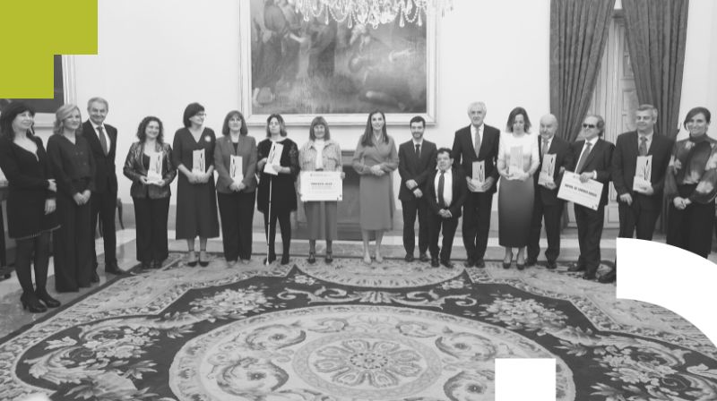 Foto de familia de la Reina Letizia con el Ministro Pablo Bustinduy, Jess Martn Blanco y las premiadas