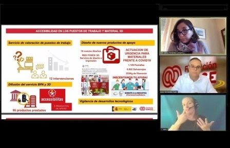 Captura de pantalla de la jornada, con Mª Teresa Fernández Campillo, Jesús Hernández y la intérprete de lengua de signos española