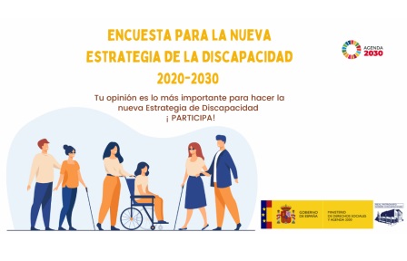 Cartel de la encuesta sobre la nueva Estrategia, con ilustración de personas con discapacidad y logotipos del Real Patronato sobre Discapacidad y Agenda 2030