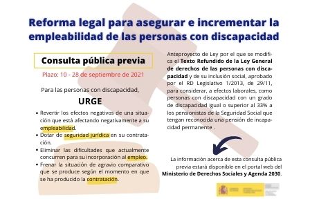 Infografía Reforma legal para asegurar e incrementar la empleabilidad de las personas con discapacidad. Consulta pública previa. Plazo: 10-28 de septiembre de 2021. Anteproyecto de Ley por el que se modifica el Texto Refundido de la Ley General de derechos de las personas con discapacidad y de su inclusión social, aprobado por el RD Legislativo 1/2013, de 29/11, para considerar, a efectos laborales, como personas con discapacidad con un grado de discapacidad igual o superior al 33% a los pensionistas de la Seguridad Social que tengan reconocida una pensión de incapacidad permanente. Para las personas con discapacidad, URGE: Revertir los efectos negativos de una situación que está afectando negativamente a su empleabilidad; Dotar de seguridad jurídica en su contratación; Eliminar las dificultades que actualmente concurren para su incorporación al empleo; Frenar la situación de agravio comparativo que se produce según el momento en que se ha producido la contratación.