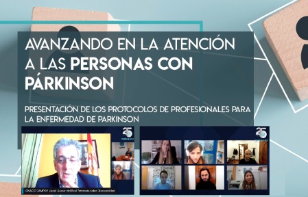 Cartel de la presentación y capturas de pantalla de los participantes en el evento