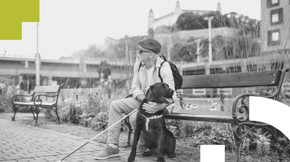 Se ve un hombre sentado en un banco con un perro gua.