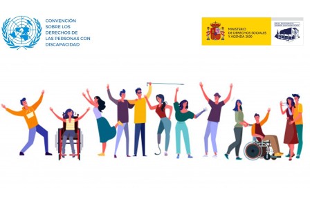 Ilustración de un grupo de personas entre las que se incluyen personas con discapacidad, logo del Real Patronato y logo de Naciones Unidas